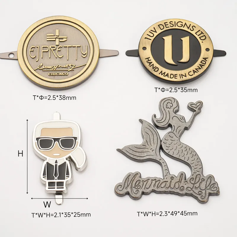 brushed brass metal tag with raised logo for bags