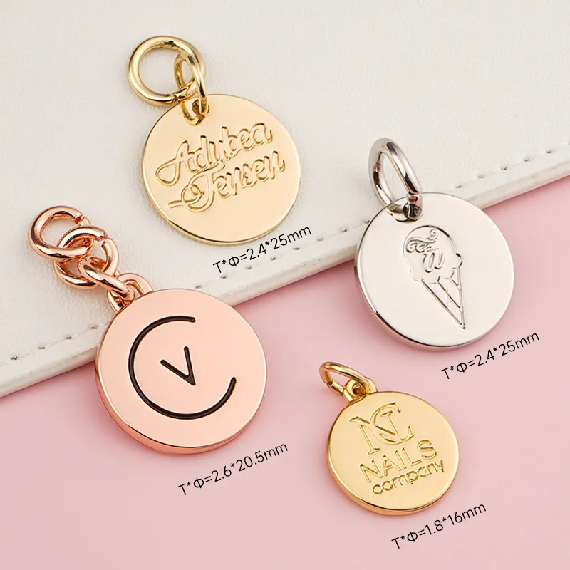 circle shape metal name tag with custom logo for bags