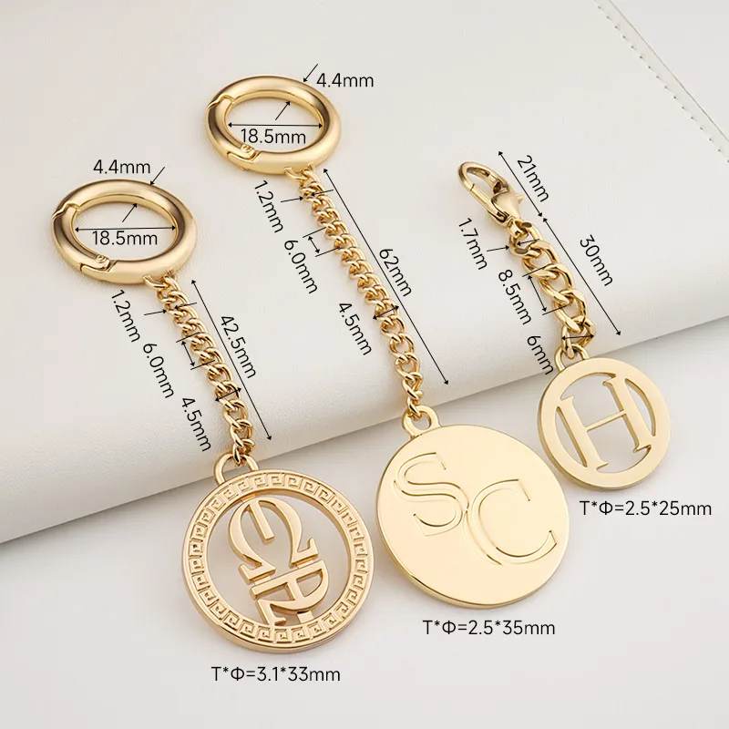 custom gold metal tag with chain and hook for bags