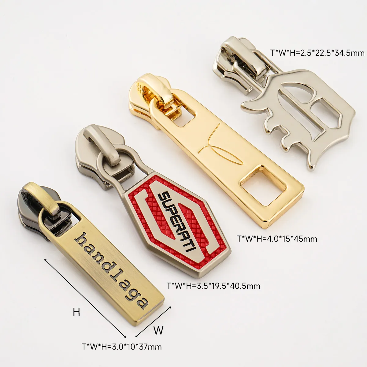 custom logo on metal zipper puller for handbags garment