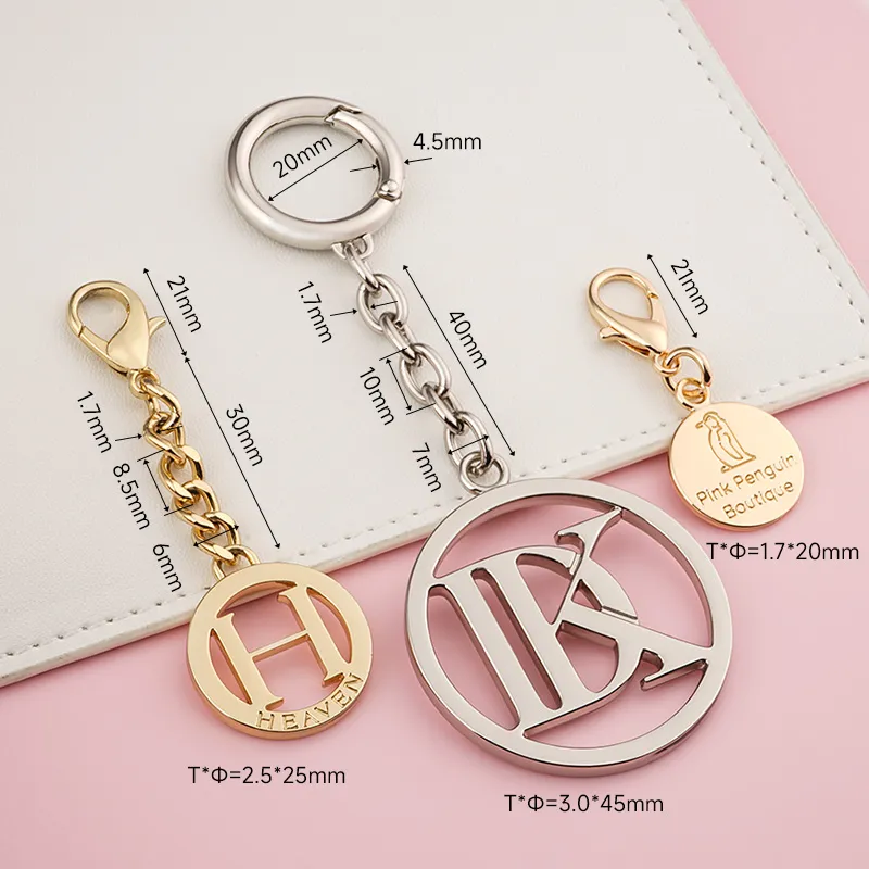 custom metal bag charm in gold and silver for handbags