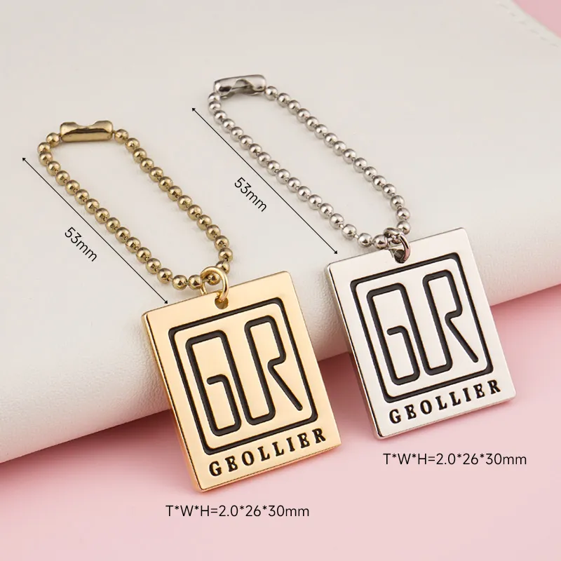 engraved black logo metal tag with chain for bags