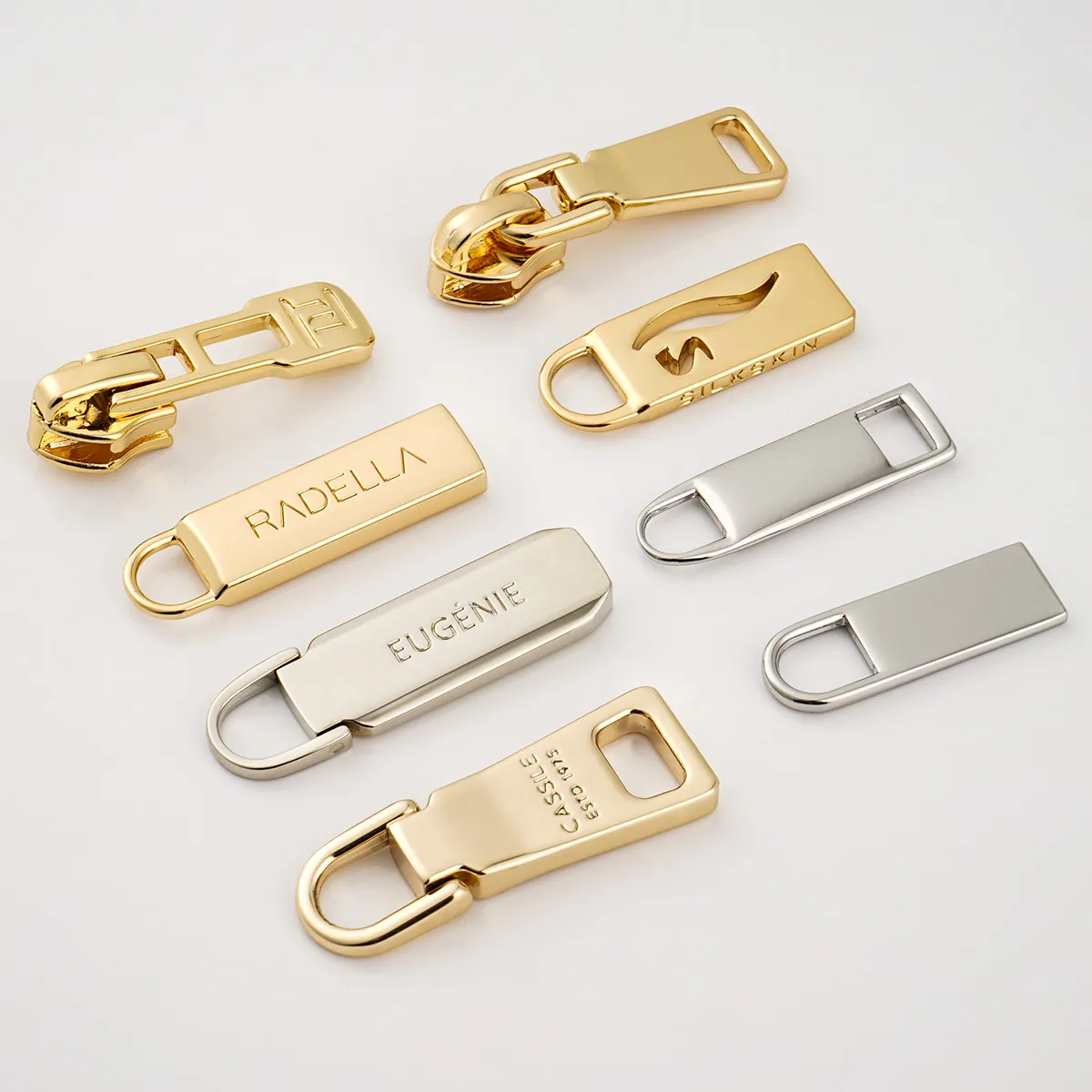 fashion zipper pull in gold and silver color for bags
