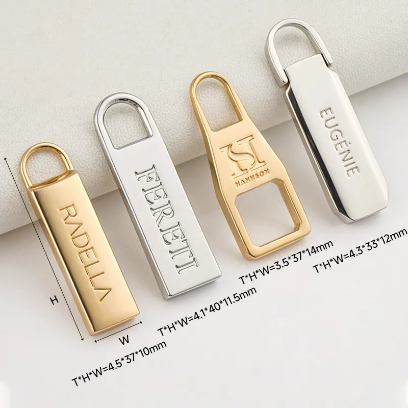 gold and silver metal zip puller with custom logo