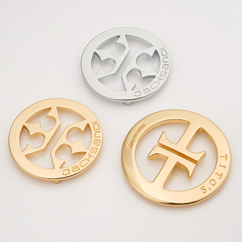 gold silver circle metal tag with cut out logo for bags