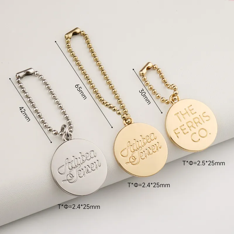 round engraved logo metal tag with ball chain for bags