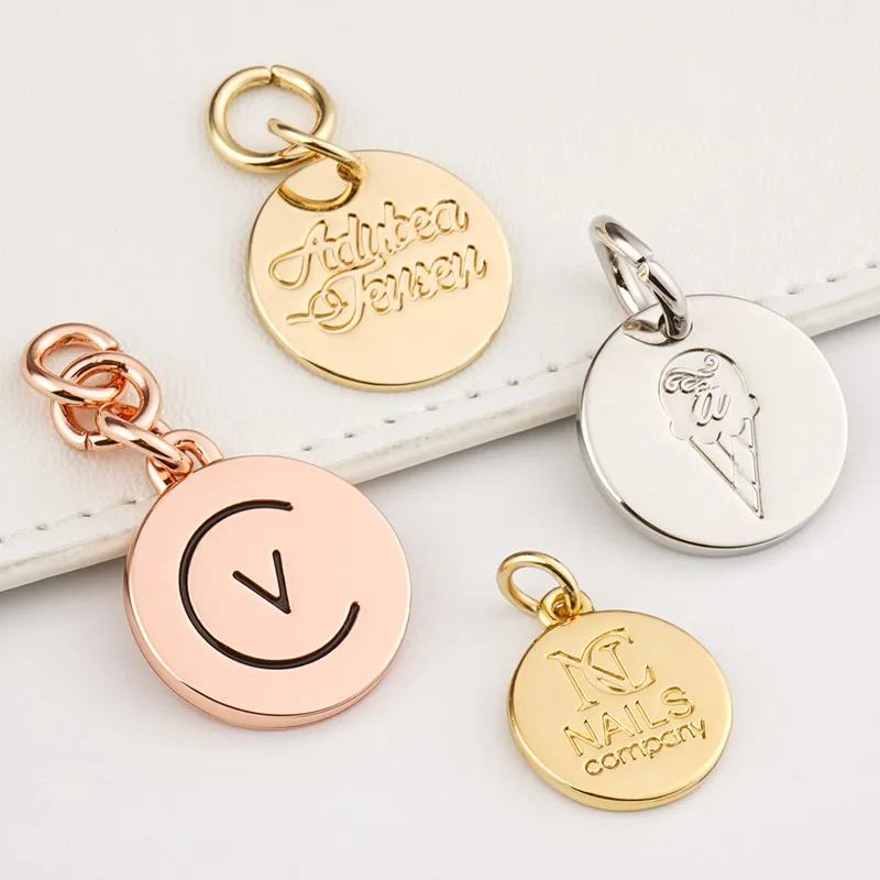 round metal logo tag hanging for purses bags